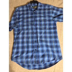 Mango Plantation Mens Orbit Blue Plaid Short Sleeve Button Down Shirt Size M